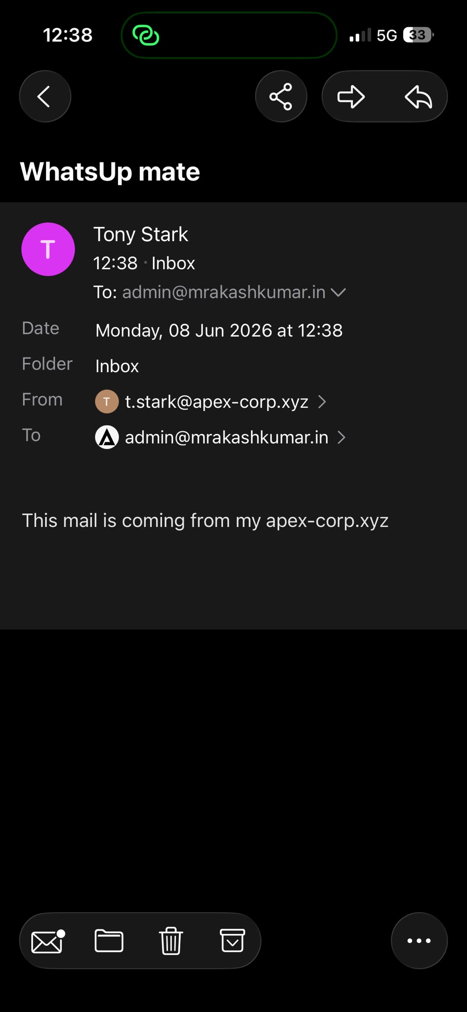 Mobile mail client inbox showing mail from Tony Stark at apex-corp.xyz successfully received